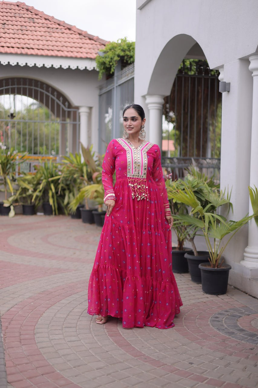 Womenline Pink Printed Anarkali Gown with Mirror Work Yoke
