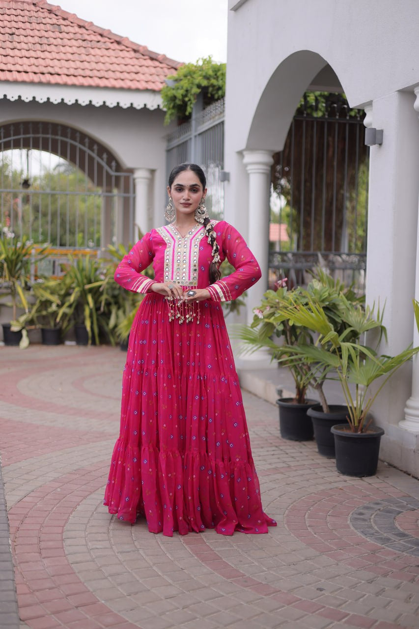 Womenline Pink Printed Anarkali Gown with Mirror Work Yoke