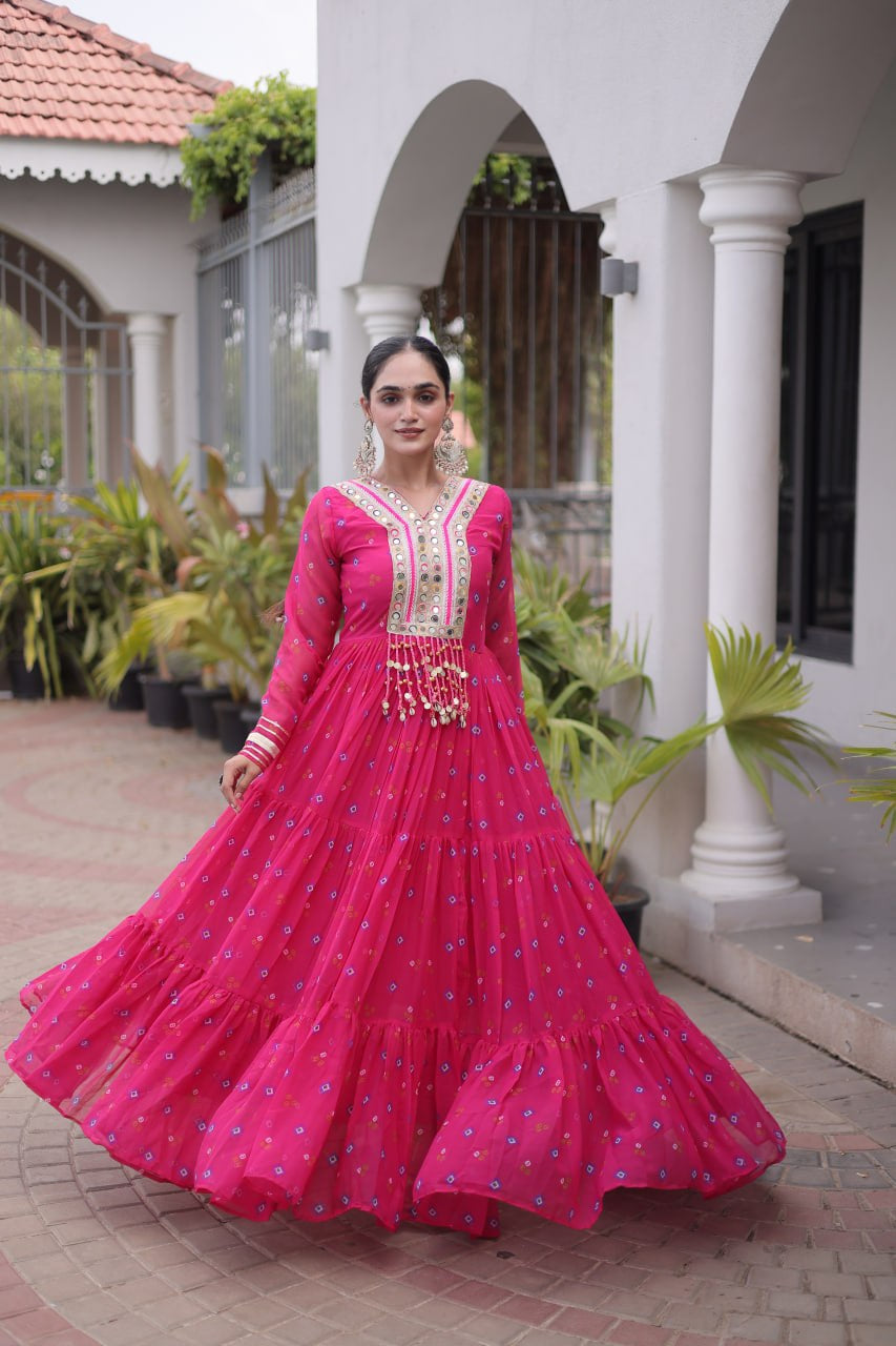Womenline Pink Printed Anarkali Gown with Mirror Work Yoke