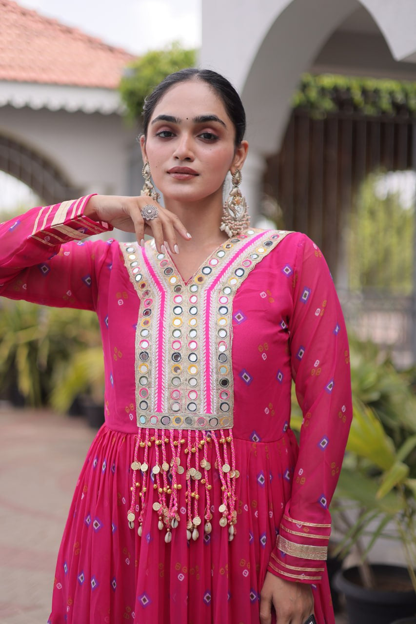 Womenline Pink Printed Anarkali Gown with Mirror Work Yoke