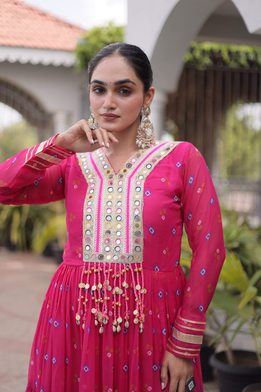 Womenline Pink Printed Anarkali Gown with Mirror Work Yoke