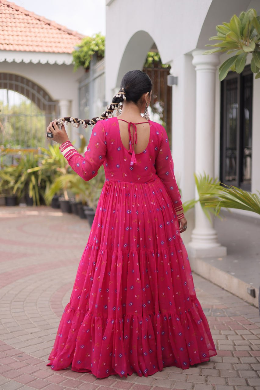 Womenline Pink Printed Anarkali Gown with Mirror Work Yoke