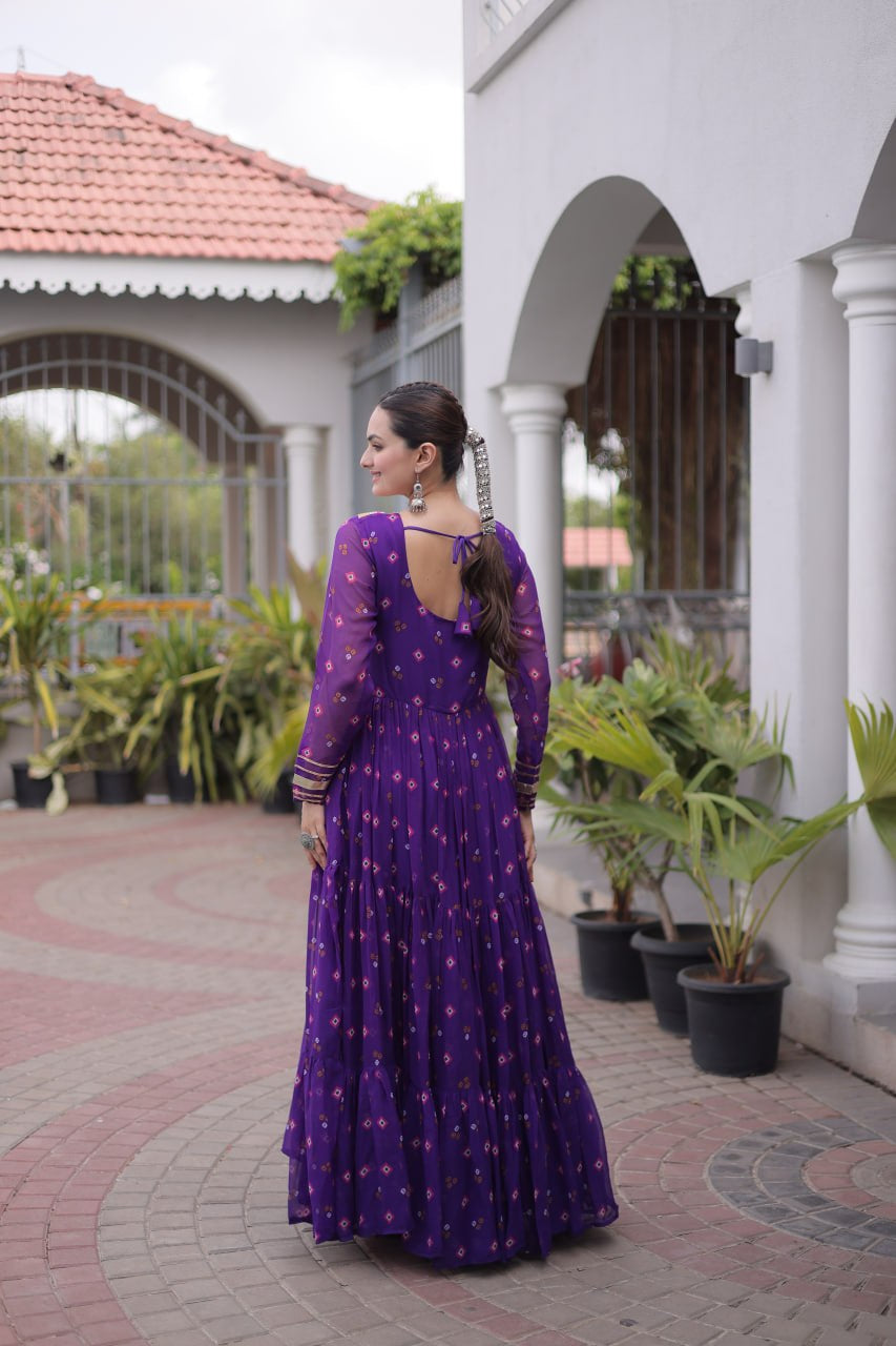 Womenline Purple Printed Anarkali Gown with Mirror Work Yoke