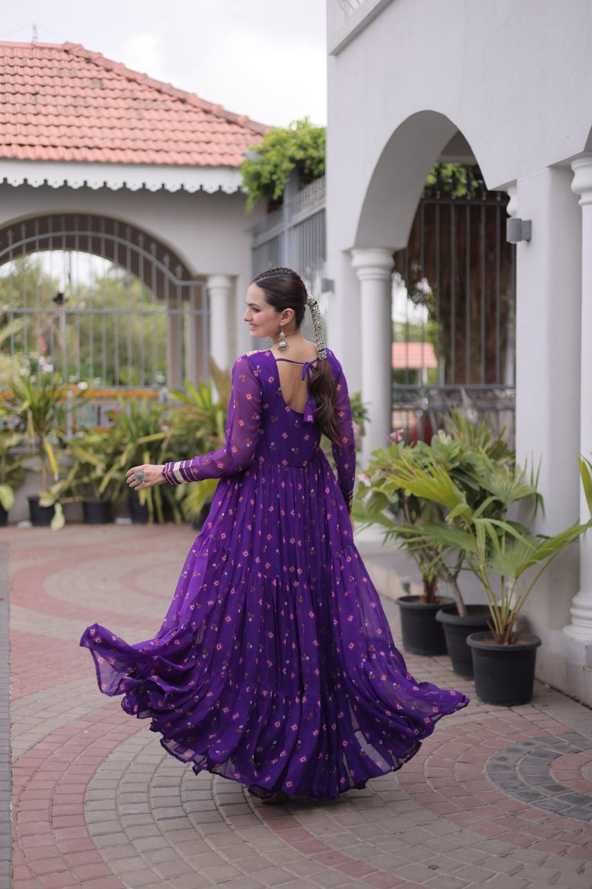 Womenline Purple Printed Anarkali Gown with Mirror Work Yoke