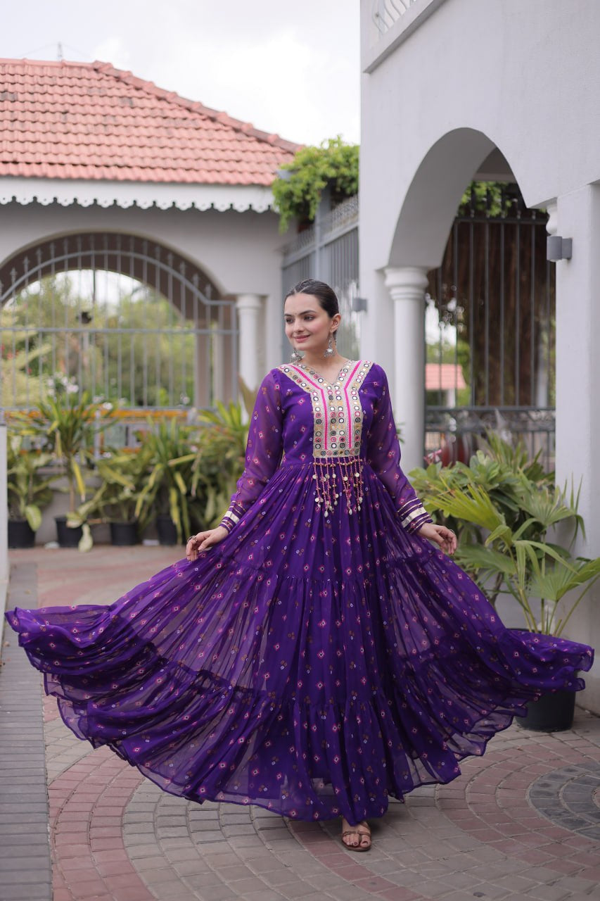 Womenline Purple Printed Anarkali Gown with Mirror Work Yoke