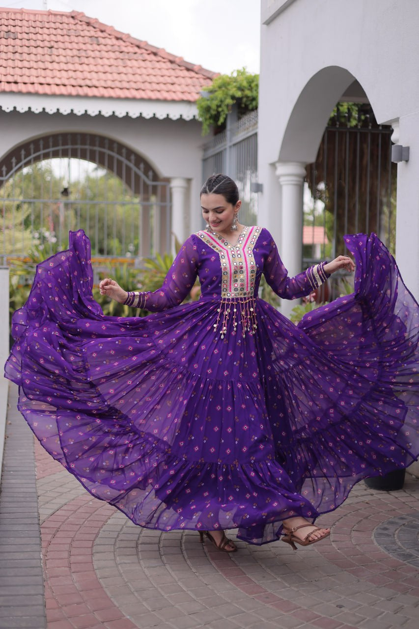 Womenline Purple Printed Anarkali Gown with Mirror Work Yoke