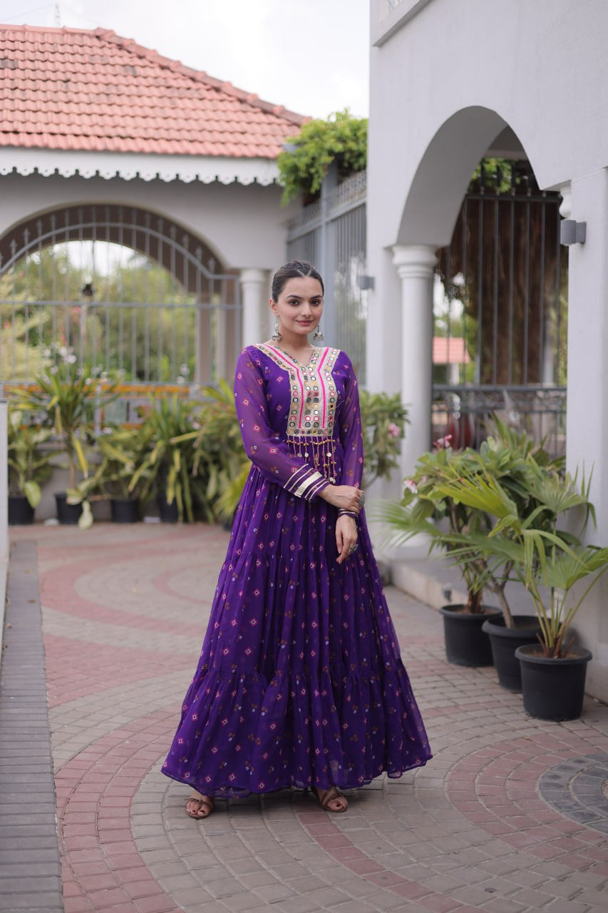 Womenline Purple Printed Anarkali Gown with Mirror Work Yoke
