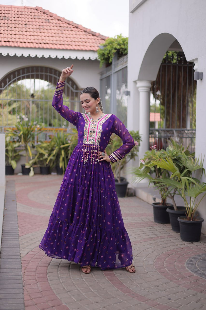 Womenline Purple Printed Anarkali Gown with Mirror Work Yoke