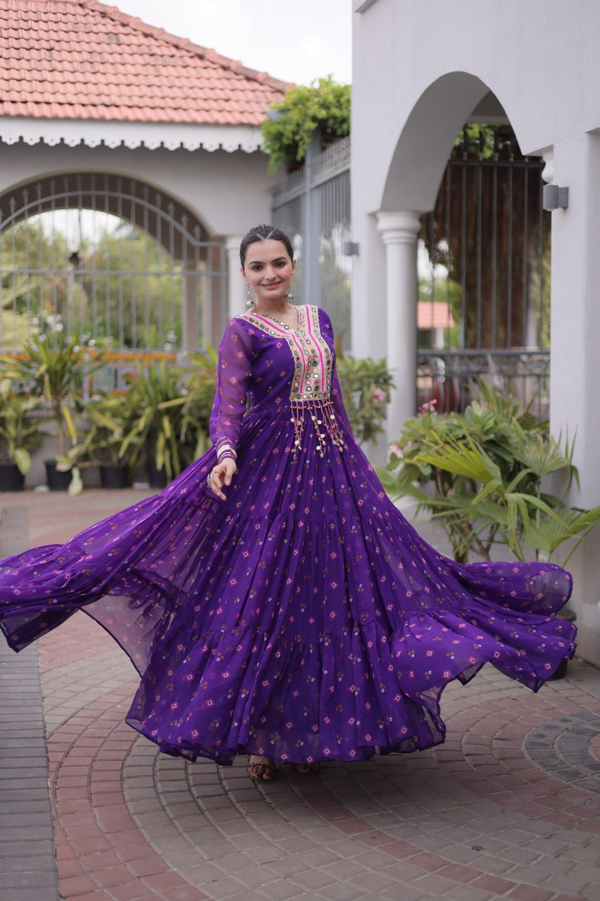 Womenline Purple Printed Anarkali Gown with Mirror Work Yoke