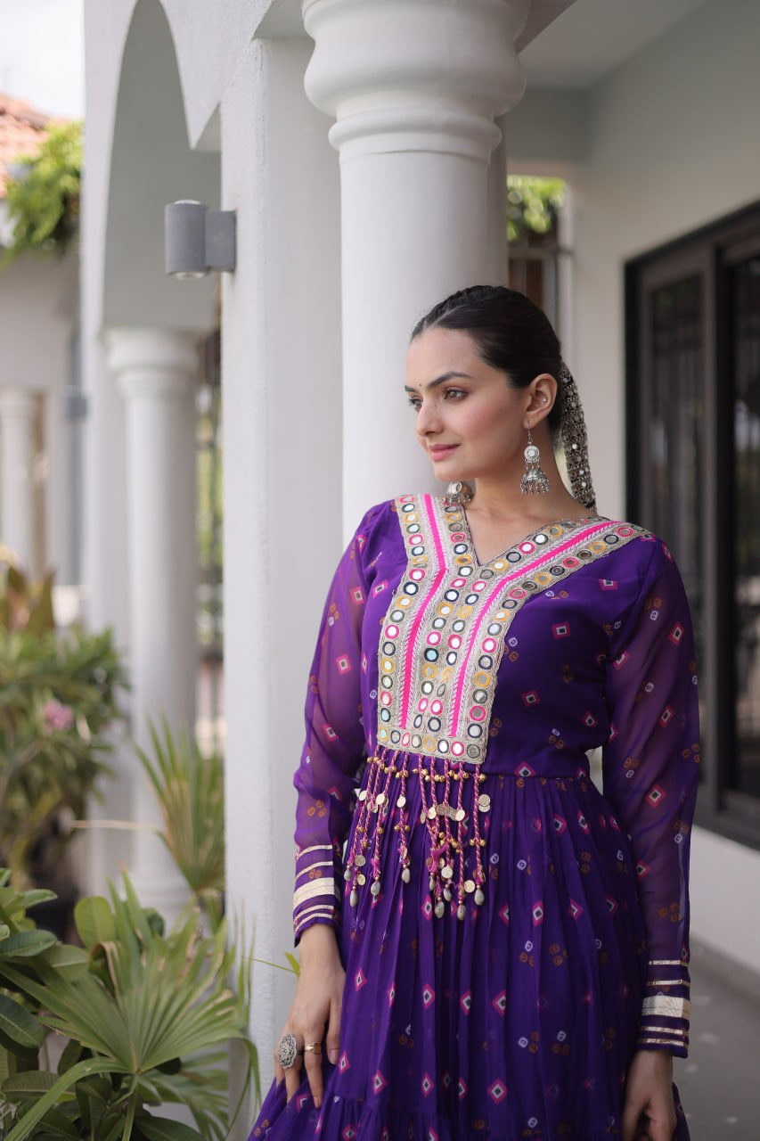 Womenline Purple Printed Anarkali Gown with Mirror Work Yoke