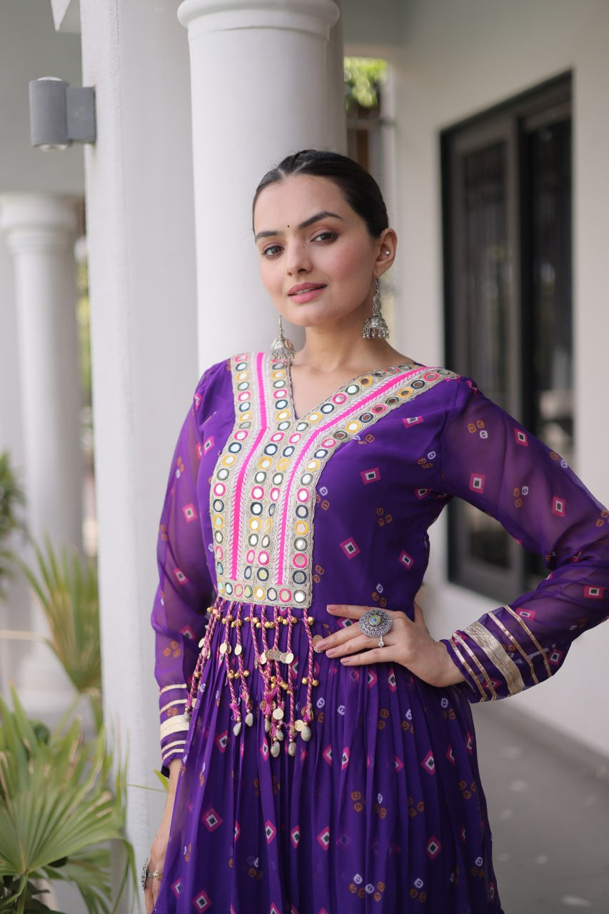 Womenline Purple Printed Anarkali Gown with Mirror Work Yoke