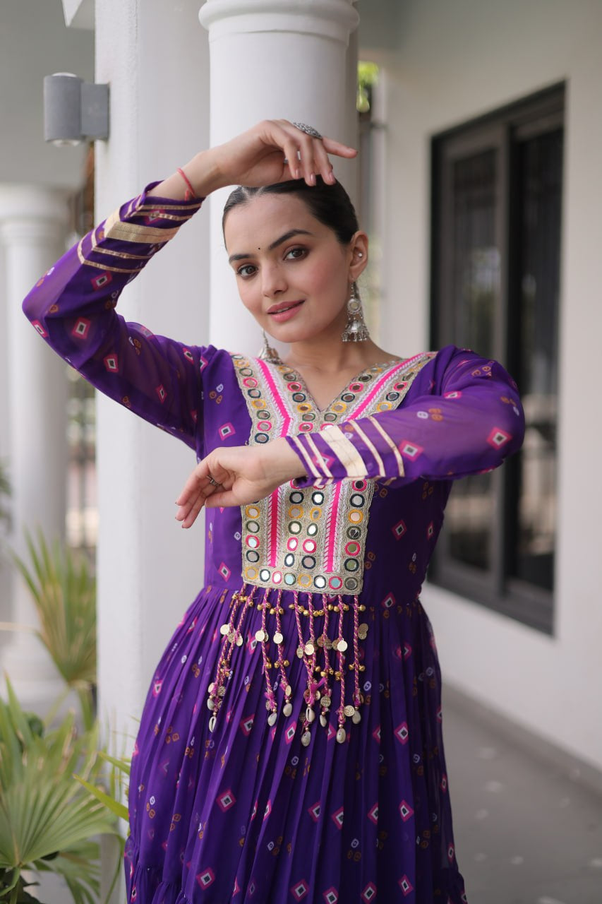 Womenline Purple Printed Anarkali Gown with Mirror Work Yoke