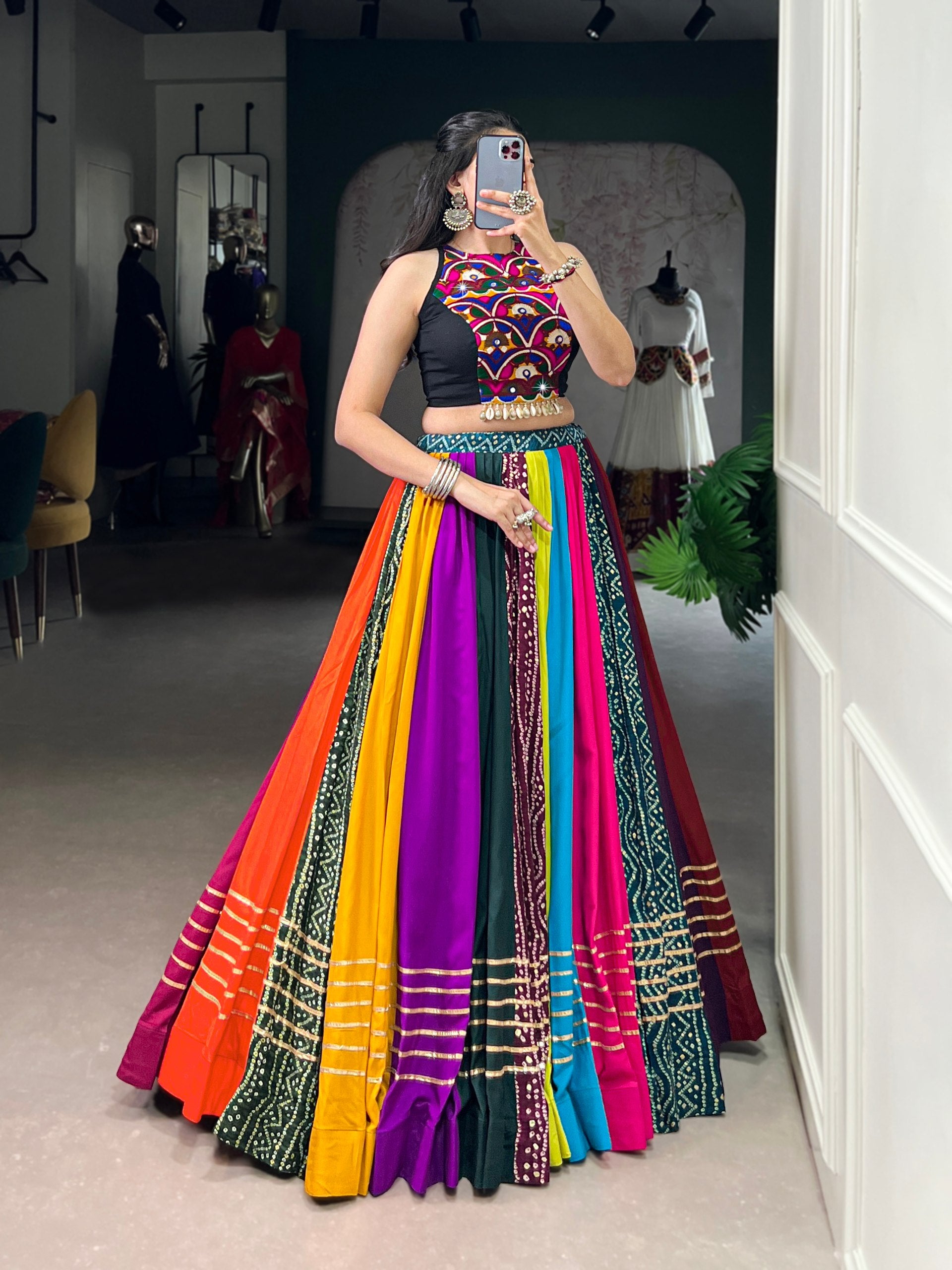 Womenline Multicolor Patchwork Navratri Lehenga Choli Set with Kutchi Embroidered Blouse
