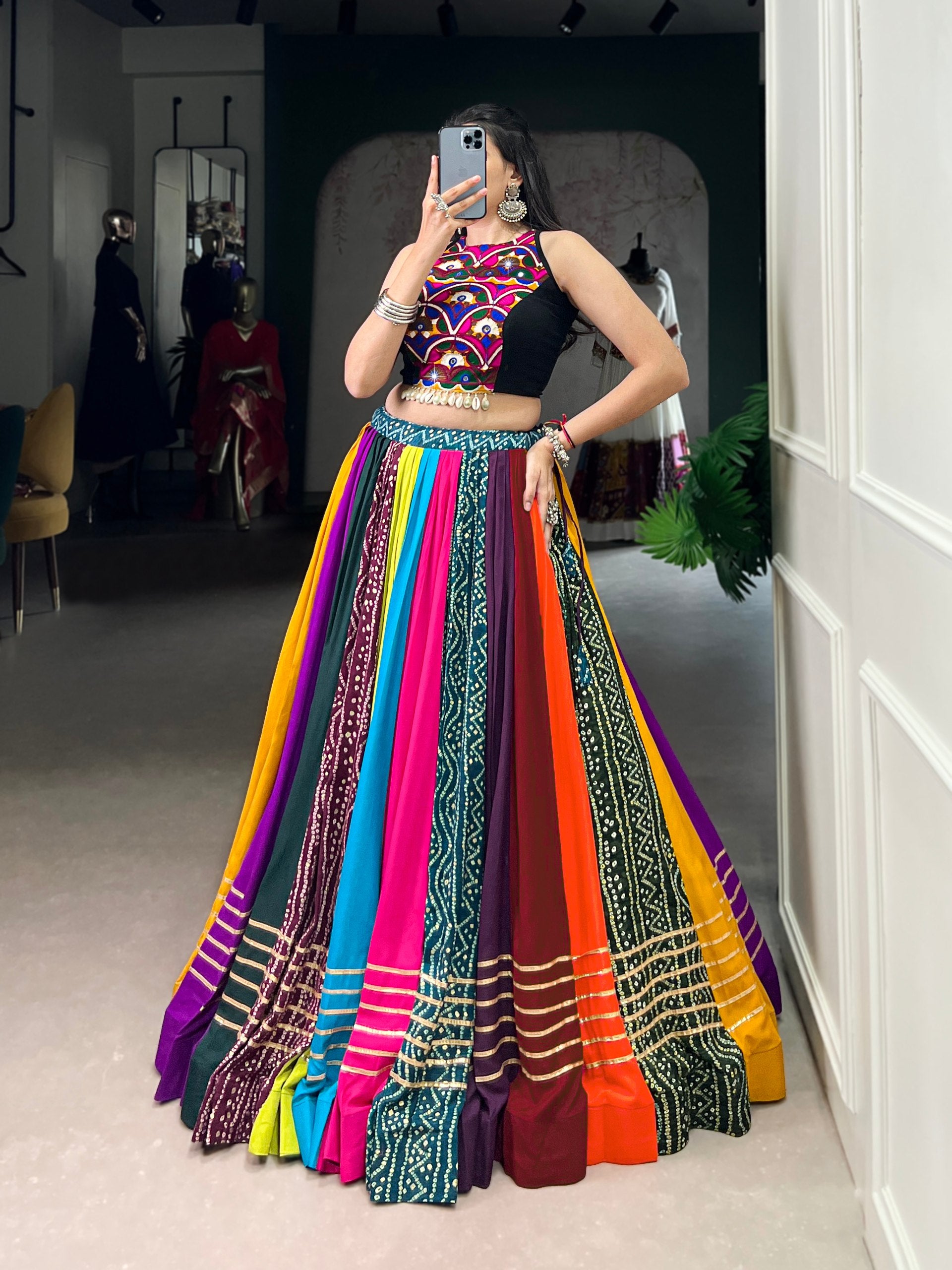 Womenline Multicolor Patchwork Navratri Lehenga Choli Set with Kutchi Embroidered Blouse