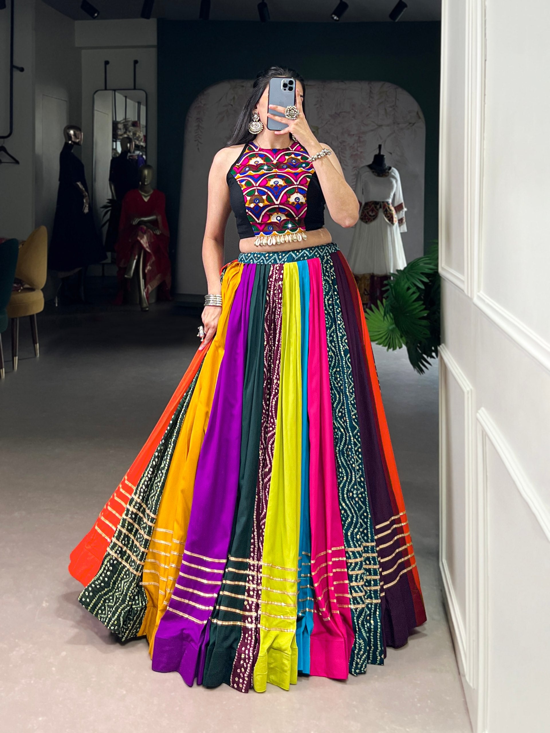 Womenline Multicolor Patchwork Navratri Lehenga Choli Set with Kutchi Embroidered Blouse