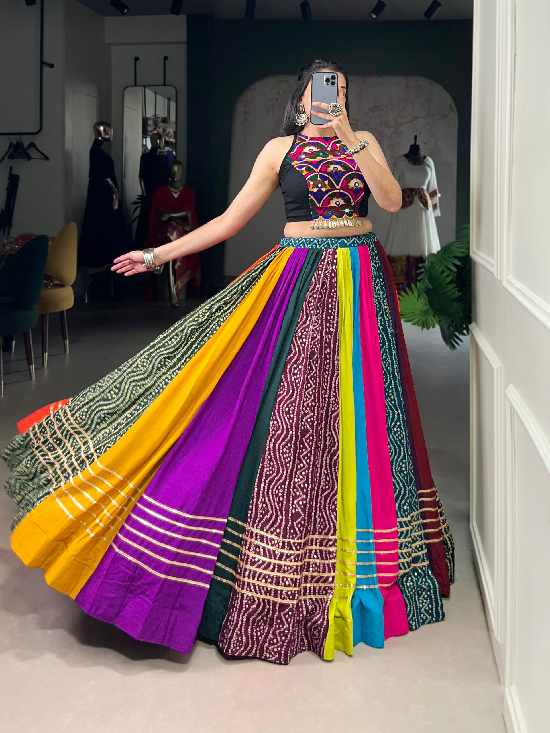 Womenline Multicolor Patchwork Navratri Lehenga Choli Set with Kutchi Embroidered Blouse