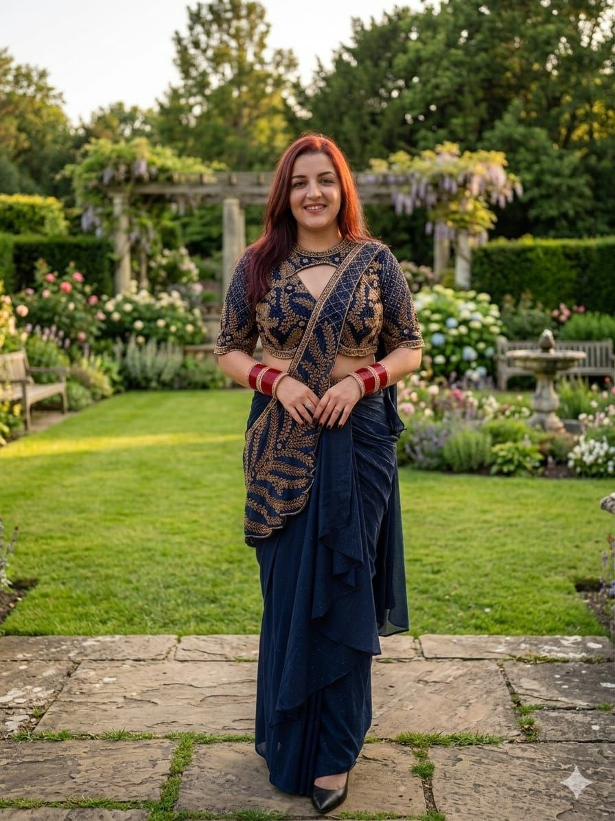 Womenline Navy Blue Pre-Draped Saree with Gold Embroidered Blouse
