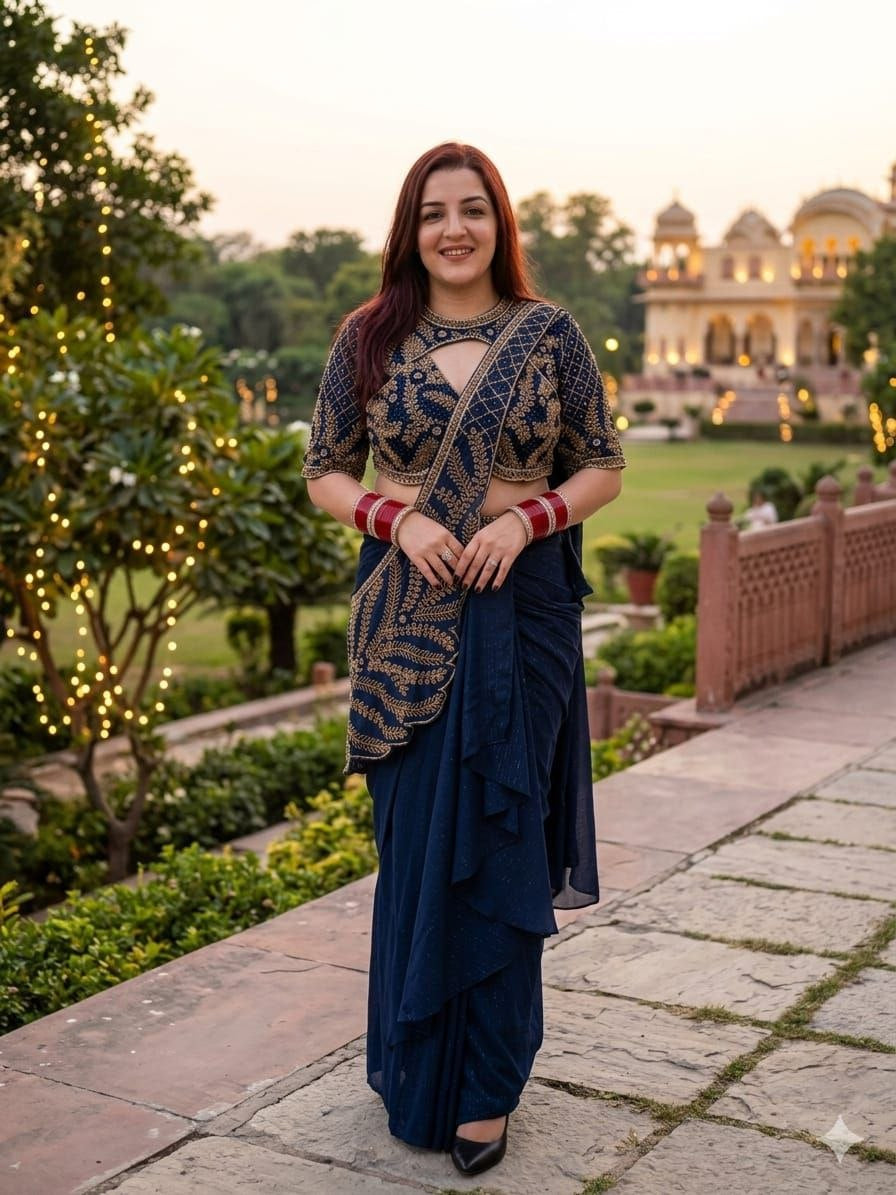 Womenline Navy Blue Pre-Draped Saree with Gold Embroidered Blouse