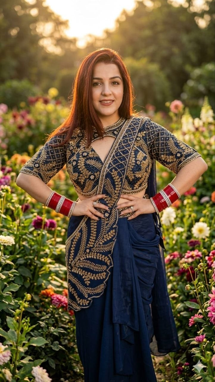 Womenline Navy Blue Pre-Draped Saree with Gold Embroidered Blouse