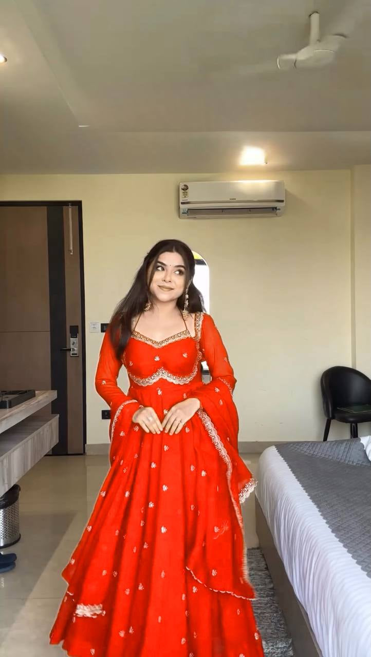 Womenline Vibrant Orange Embroidered Anarkali Gown with Dupatta