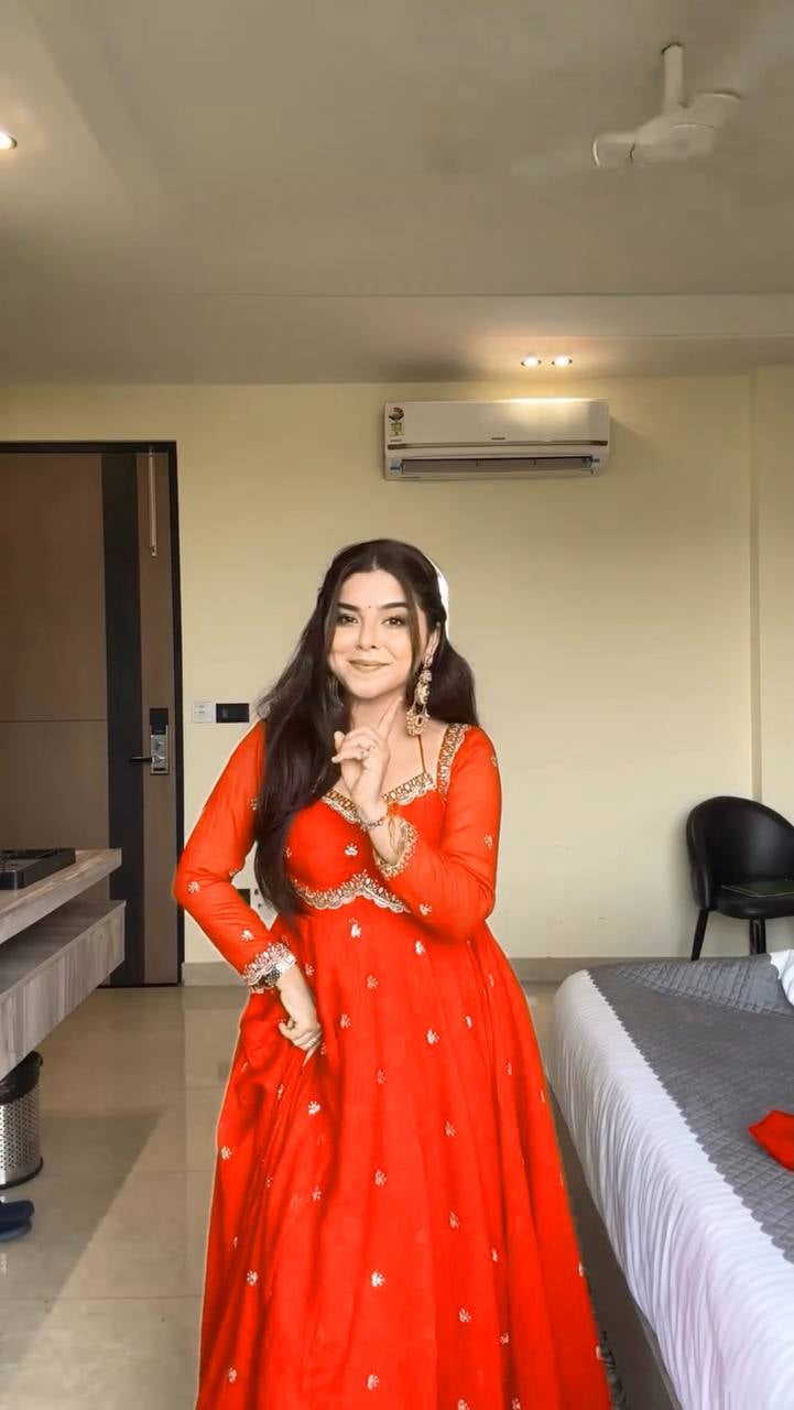 Womenline Vibrant Orange Embroidered Anarkali Gown with Dupatta