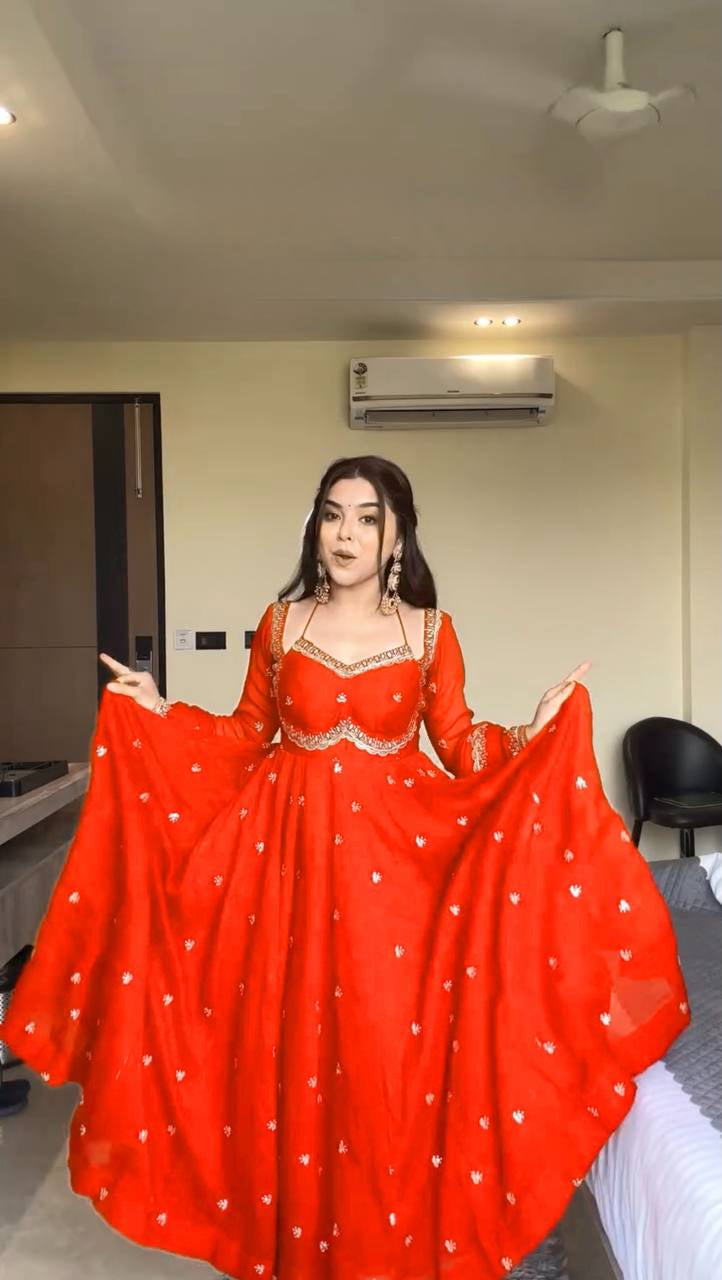 Womenline Vibrant Orange Embroidered Anarkali Gown with Dupatta