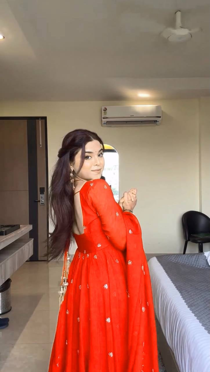 Womenline Vibrant Orange Embroidered Anarkali Gown with Dupatta