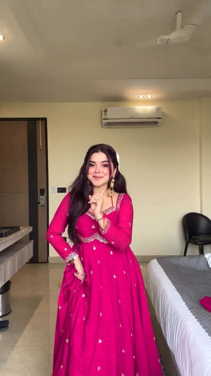 Womenline Hot Pink Embroidered Anarkali Gown with Dupatta