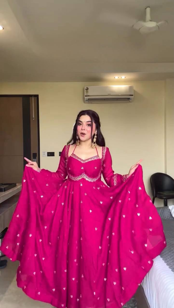Womenline Hot Pink Embroidered Anarkali Gown with Dupatta