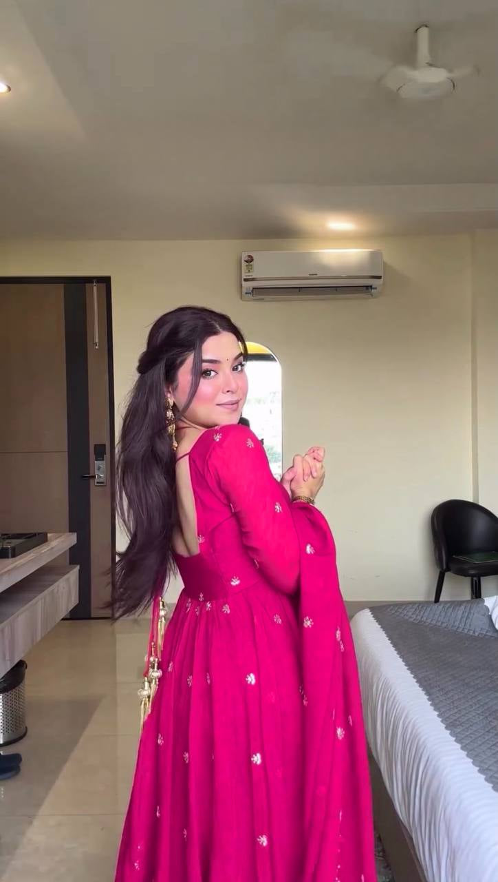Womenline Hot Pink Embroidered Anarkali Gown with Dupatta