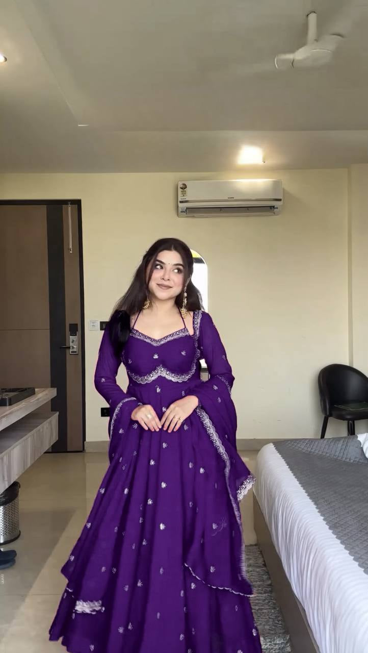 Womenline Royal Purple Embroidered Anarkali Gown with Dupatta