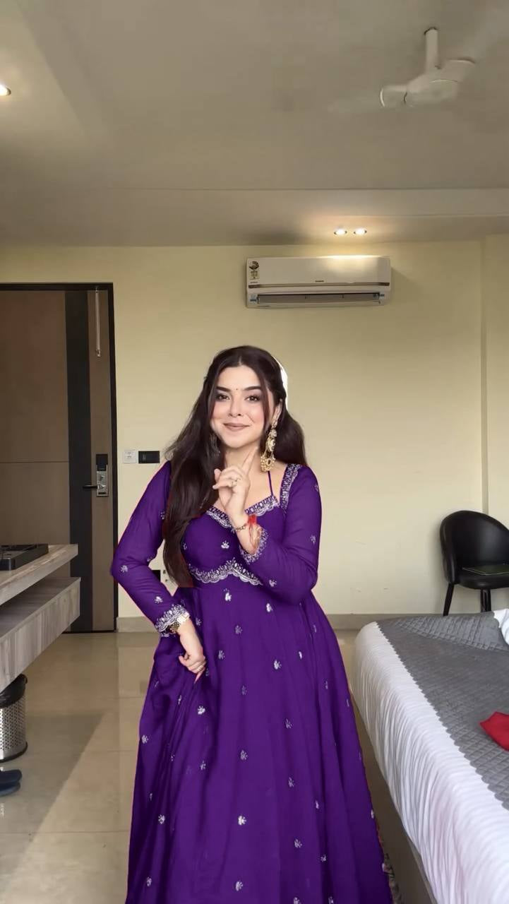 Womenline Royal Purple Embroidered Anarkali Gown with Dupatta