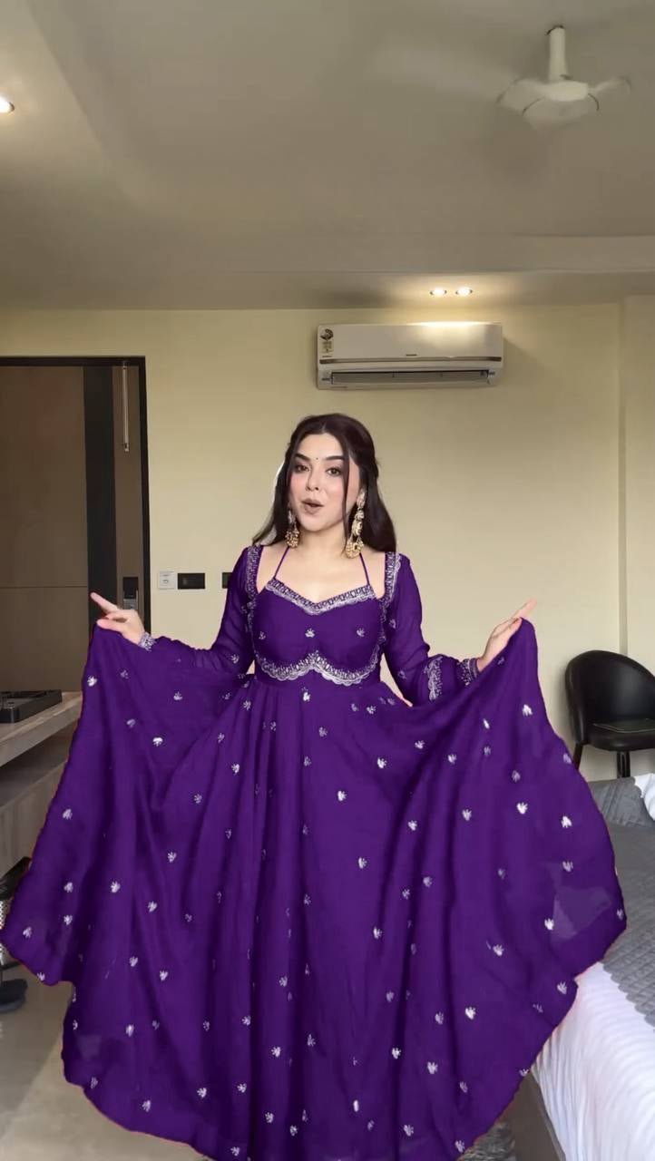 Womenline Royal Purple Embroidered Anarkali Gown with Dupatta