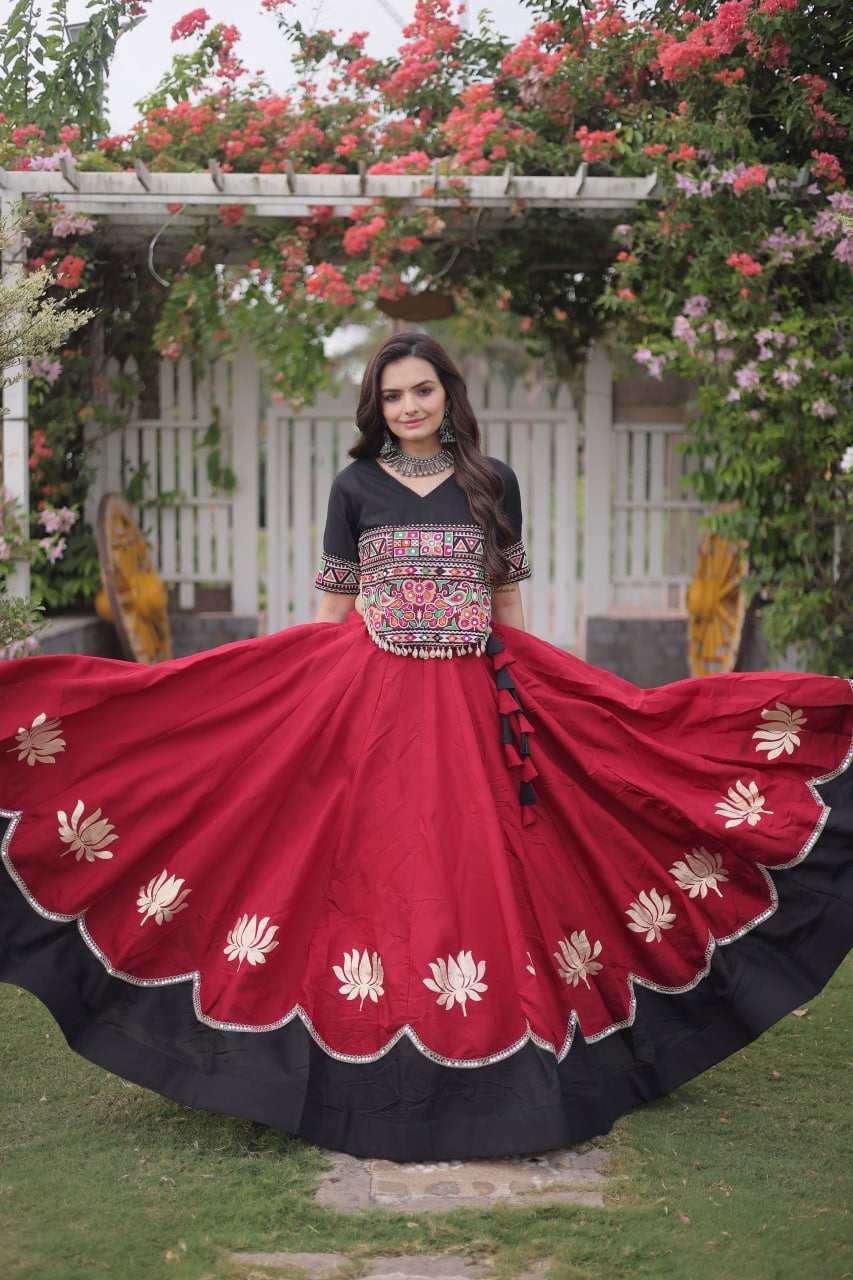 Womenline Black Embroidered Choli with Maroon Designer Navratri Lehenga
