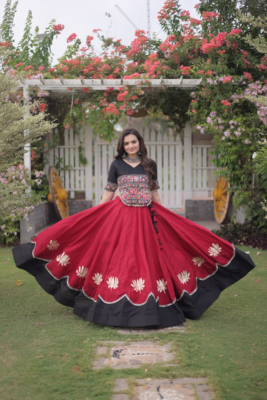 Womenline Black Embroidered Choli with Maroon Designer Navratri Lehenga