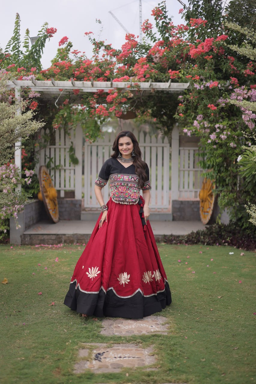 Womenline Black Embroidered Choli with Maroon Designer Navratri Lehenga