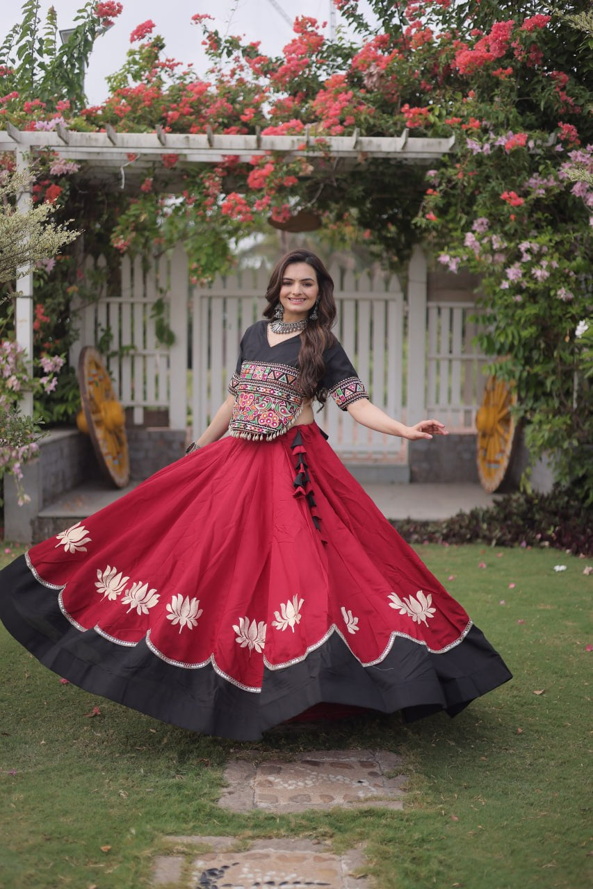 Womenline Black Embroidered Choli with Maroon Designer Navratri Lehenga