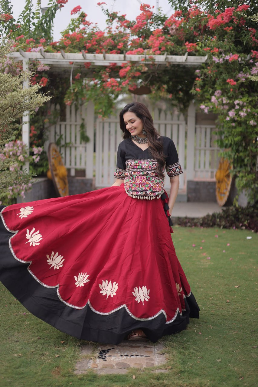 Womenline Black Embroidered Choli with Maroon Designer Navratri Lehenga