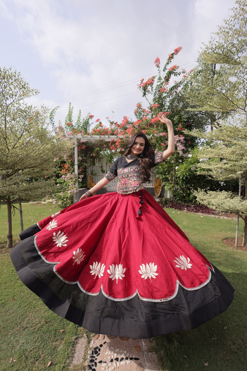 Womenline Black Embroidered Choli with Maroon Designer Navratri Lehenga