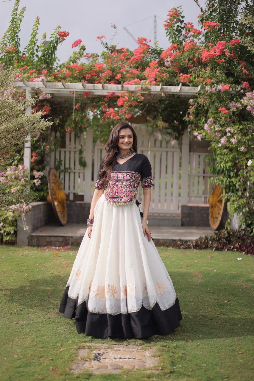 Womenline Black Kutchi Embroidered Choli with White Designer Navratri Lehenga