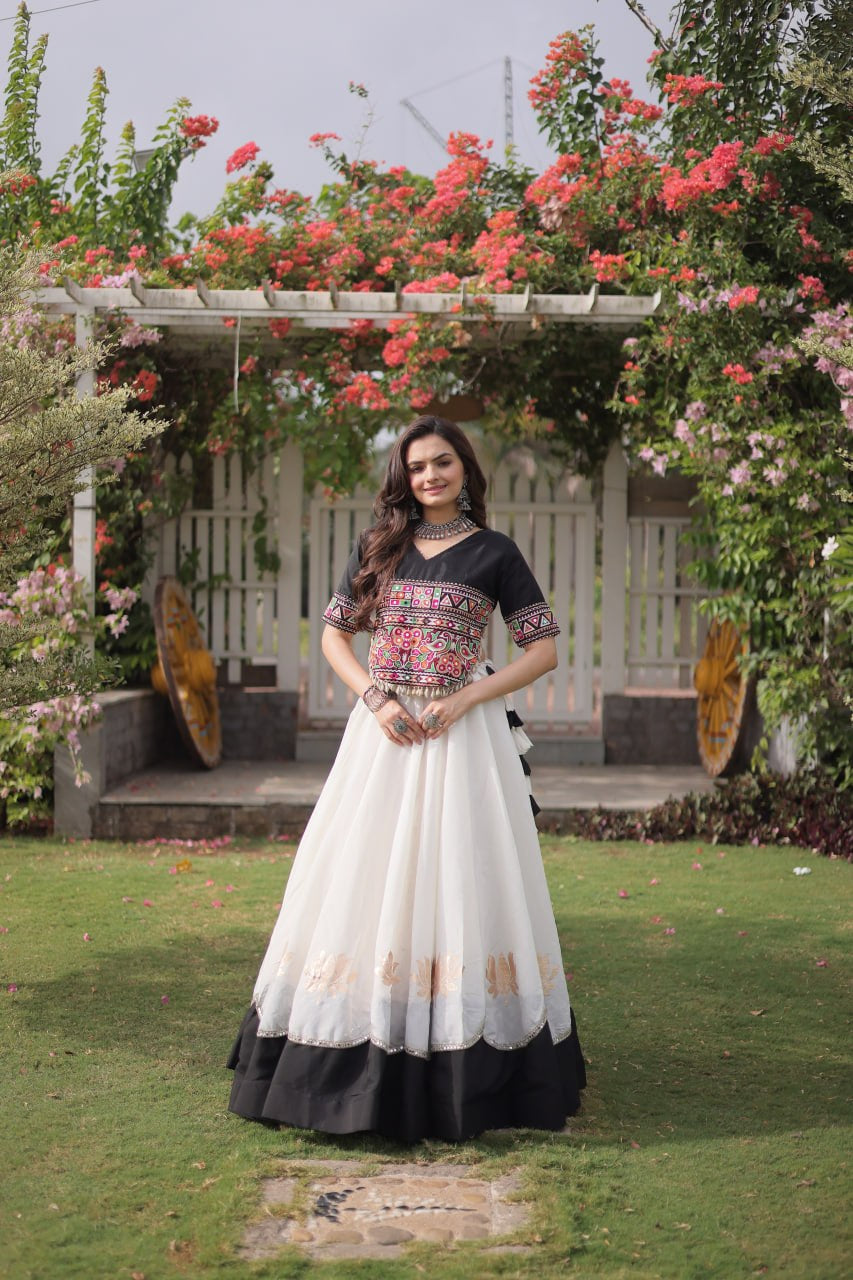 Womenline Black Kutchi Embroidered Choli with White Designer Navratri Lehenga