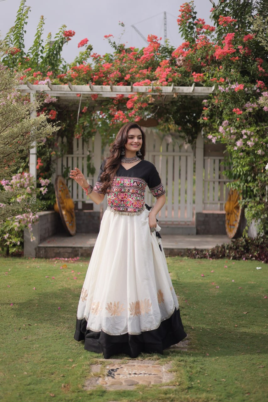 Womenline Black Kutchi Embroidered Choli with White Designer Navratri Lehenga