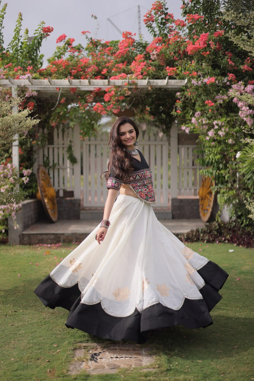 Womenline Black Kutchi Embroidered Choli with White Designer Navratri Lehenga