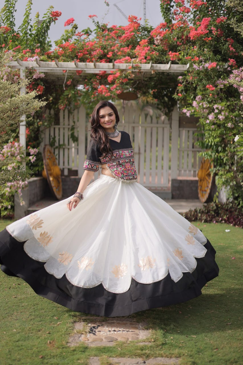 Womenline Black Kutchi Embroidered Choli with White Designer Navratri Lehenga