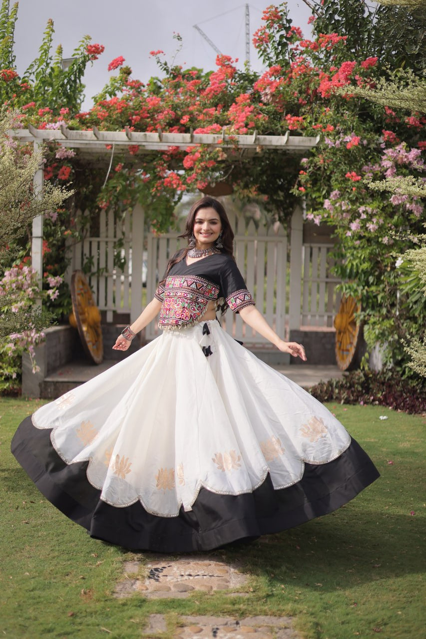Womenline Black Kutchi Embroidered Choli with White Designer Navratri Lehenga