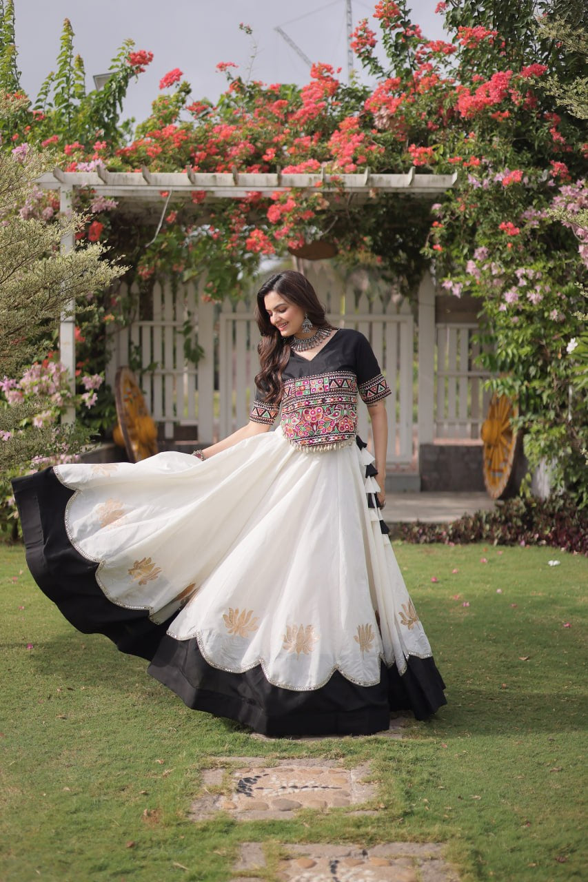 Womenline Black Kutchi Embroidered Choli with White Designer Navratri Lehenga