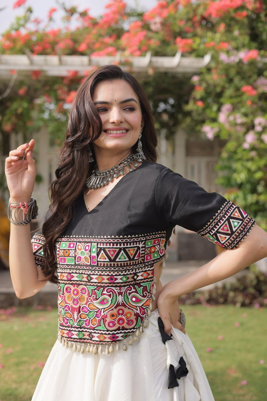 Womenline Black Kutchi Embroidered Choli with White Designer Navratri Lehenga