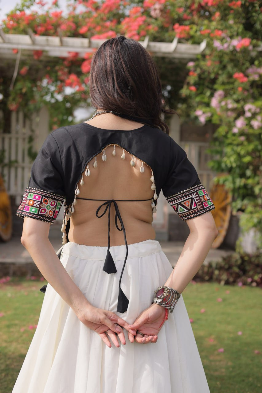 Womenline Black Kutchi Embroidered Choli with White Designer Navratri Lehenga