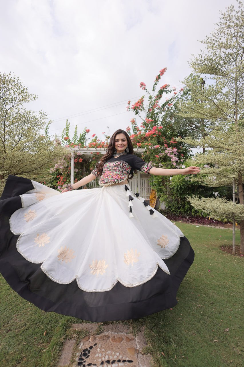 Womenline Black Kutchi Embroidered Choli with White Designer Navratri Lehenga