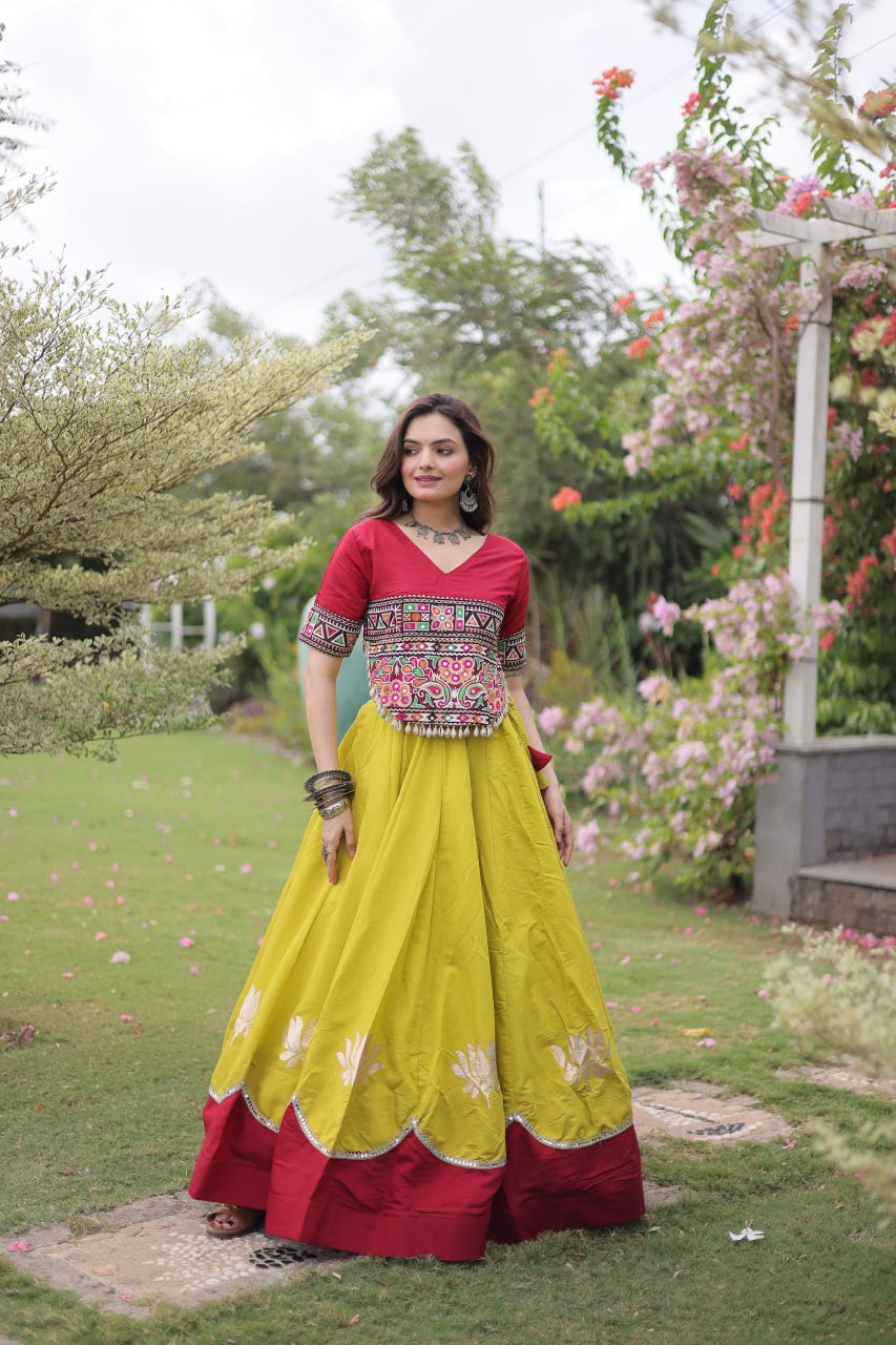 Womenline Maroon Kutchi Embroidered Choli with Lime Green Designer Navratri Lehenga